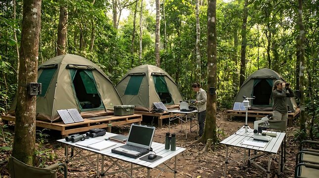 Outdoor research camp with tents and scientific equipment in lush forest setting