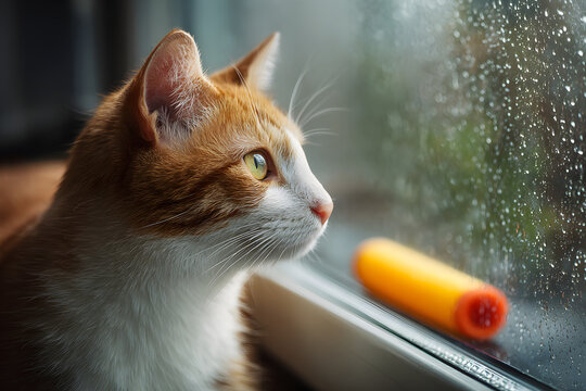 Ginger and white cat watching raindrops on window with toy nearby, serene indoor pet moment capturing curiosity and calm during rainy day