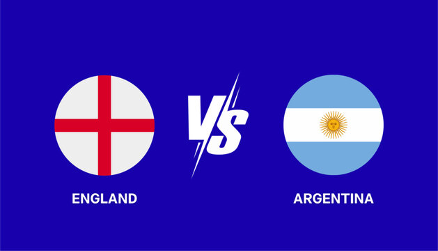 England vs Argentina international football championship match editable graphic template. Soccer tournament semi final banner with national flags isolated on blue background.