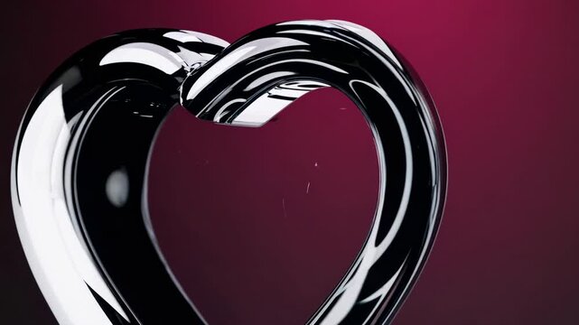 Elegant glass heart sculpture transitions from a smooth surface to intricate curves, showcasing reflections and light play against a deep red background