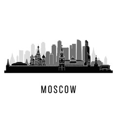 Fototapeta premium Moscow City Skyline Silhouette in Black and White, Iconic Buildings