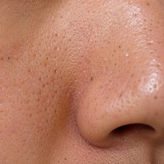 Fototapeta premium Close up detailed view of human nose skin showing visible large pores blackheads and texture on face