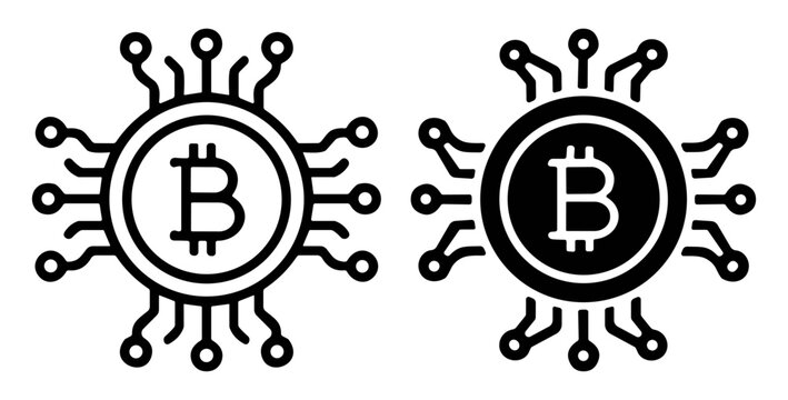 Bitcoin digital currency technology icon set in black and white outline and solid style on transparent background