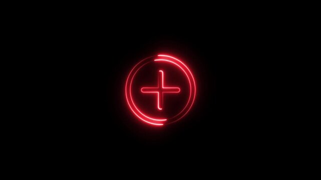 Glowing red neon plus sign symbol animation on black background