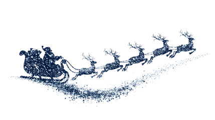 Glittering Santa Claus sleigh with flying reindeer for festive celebration isolated on transparent background © Sachal
