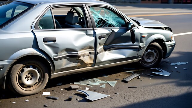 Damaged silver car with crushed doors and broken windshield on road with scattered glass and debris