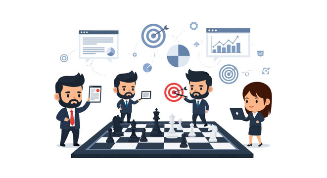Business team collaborating on strategic planning, analyzing data, and setting goals on a chessboard, symbolizing successful corporate strategy, competition, and victory.