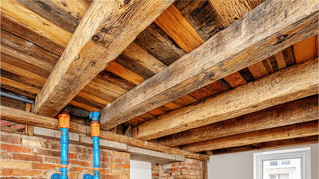 Rustic wooden ceiling beams exposed in a brick industrial interior renovation project with modern blue plumbing pipes