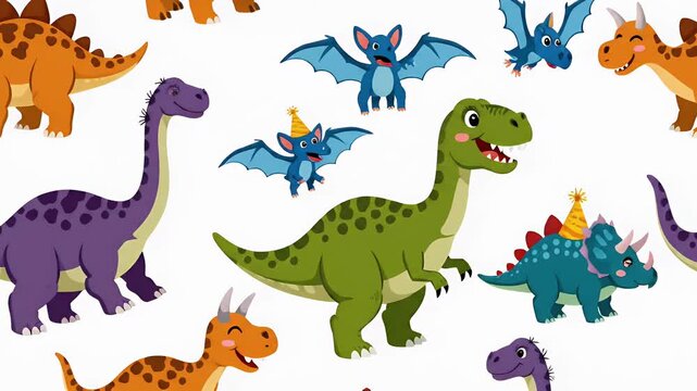 Animated pixel art dinosaur pattern with party hats, cute prehistoric creatures, happy kids celebration, bright cartoon style