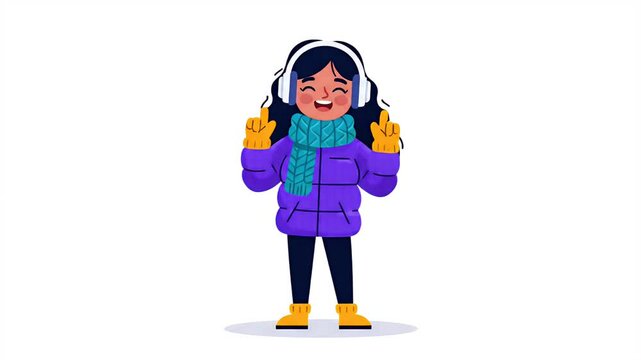 Animated pixel art character of a happy girl in winter clothes, headphones, scarf, and mittens, isolated on white