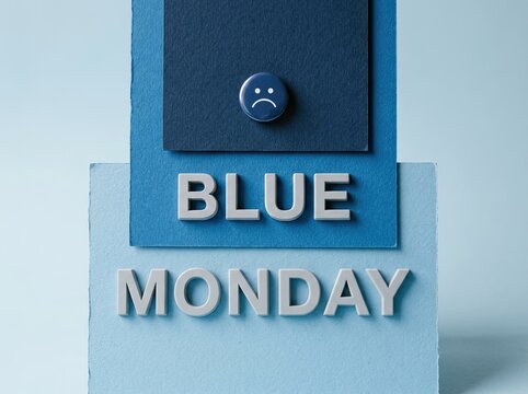 Textured blue paper squares, a sad emoji pin, and the words "BLUE MONDAY" are arranged, representing low mood and the start of the week Concept