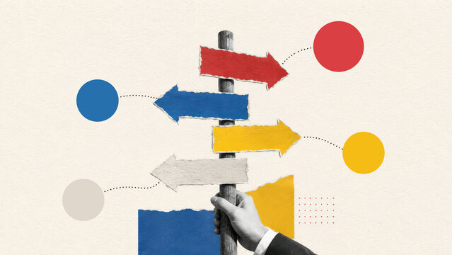 Corporate decision making and strategic direction paper collage with an executive hand holding a wooden signpost of colorful arrows
