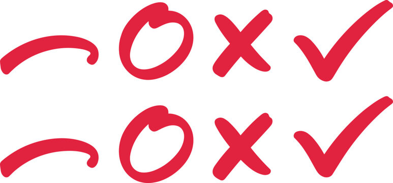 Hand-drawn red check marks, cross marks, circles, and tilde symbols collection for surveys, tests, and task evaluation.