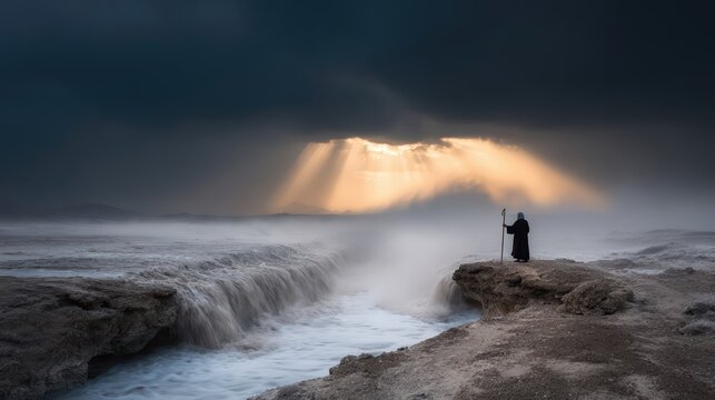 A solitary figure with a staff stands at the edge of parted waters under dramatic sunbeams. The epic biblical landscape evokes spirituality, faith, and reverence.