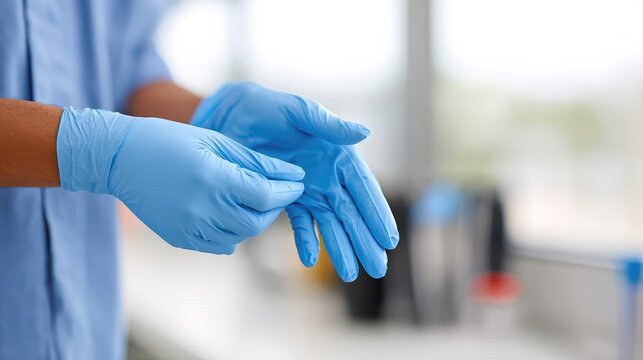 Close-up of gloved hands adjusting blue medical gloves in a brightly lit clinical environment. Emphasizes safety, hygiene, and professional healthcare standards.