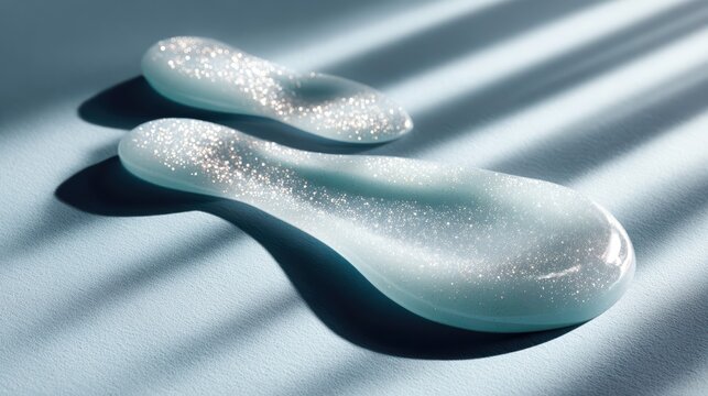 Shimmery gel drops with sparkling particles rest on a soft blue surface. The glossy texture and luminous look evoke modern luxury skincare essentials.