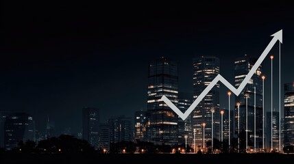 Fototapeta premium A luminous arrow of data lines rises above a modern city skyline, symbolizing AI-driven business growth. Futuristic and photorealistic, it embodies innovation and success.