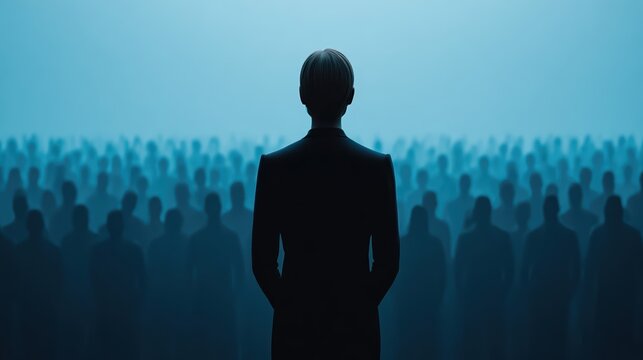 A businesswoman stands resilient under corporate pressure, facing a crowd of dark silhouettes. Strong contrast and high-detail textures highlight leadership and stress.