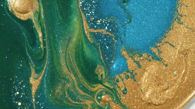 Close up of swirling emerald green and turquoise blue metallic paint with gold glitter mixing and flowing, abstract luxury