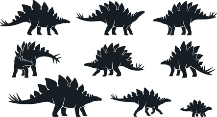 Stegosaurus Dinosaur Silhouette Collection Featuring Prehistoric Herbivorous Reptiles with Armored Plates and Jurassic Era Poses Vector Illustration Set © MdNazmul