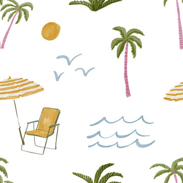 Watercolor hand drawn tropical palms -  illustration isolated on white background. Seamless pattern