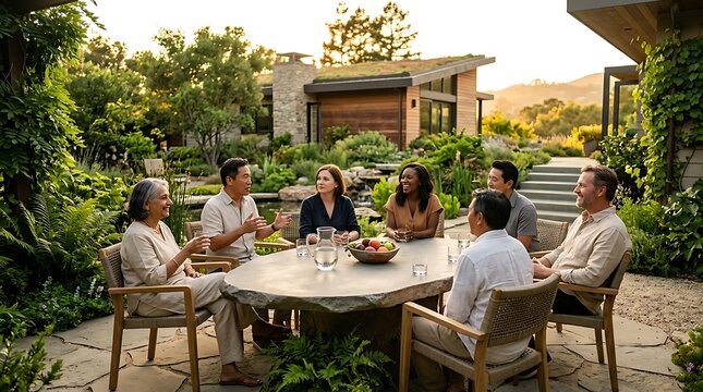 Diverse group of friends dining outdoors at sunset in a lush garden