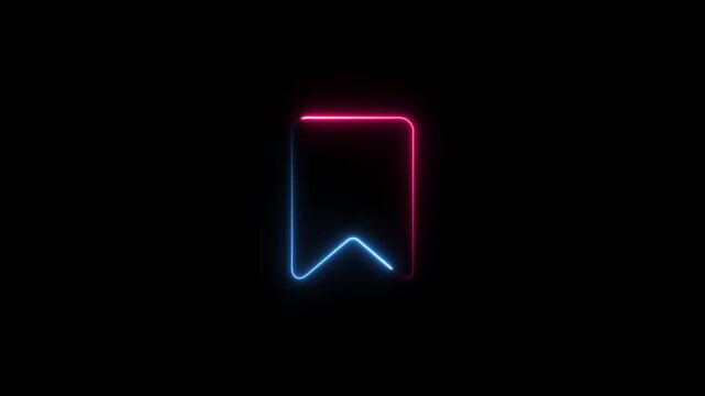 Neon bookmark animation with glowing pink and blue light effect on black background, sign
