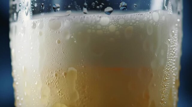 Close-up of refreshing beer being poured into a condensation-covered glass with foam head.