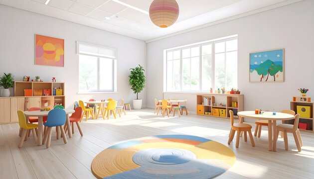 Aula infantil luminosa con mesas, sillas, alfombra circular y material educativo en un espacio escolar moderno
