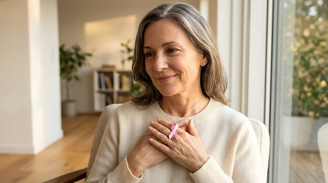 Mature woman holding pink ribbon for breast cancer awareness