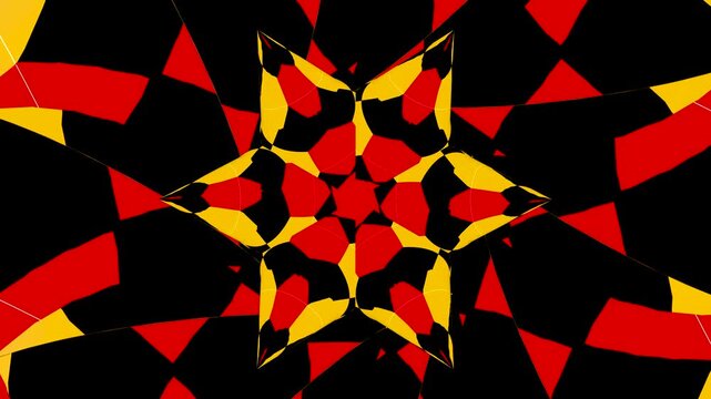 Seamless loopable 2D animation of rotating red, yellow and black geometric patterns transforming into hypnotic kaleidoscopic shapes and star motifs.