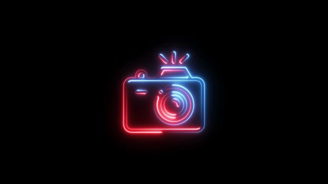 Neon camera animation with flashing strobe light effect on black background, sign glowing