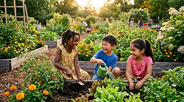 Diverse happy children gardening together in a lush community garden