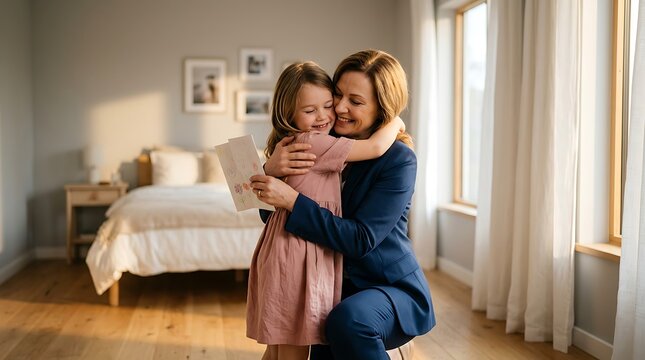 Businesswoman hugging daughter after work with a greeting card