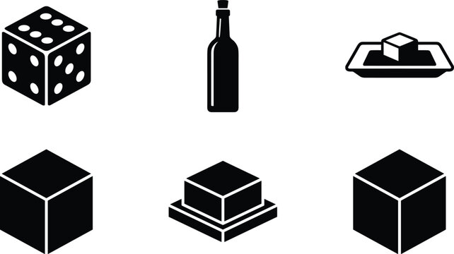 Board game and kitchen solid glyph icon vector set showing isometric dice glass bottle and butter dish cube illustrations.