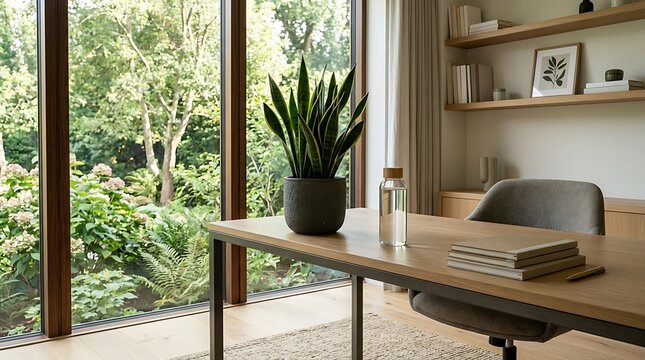 Minimalist home office with wooden desk and lush garden view