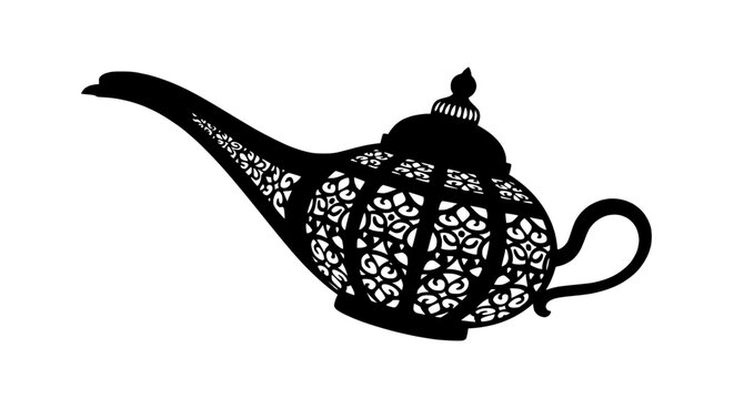 Silhouette of an ornate genie lamp with intricate patterns