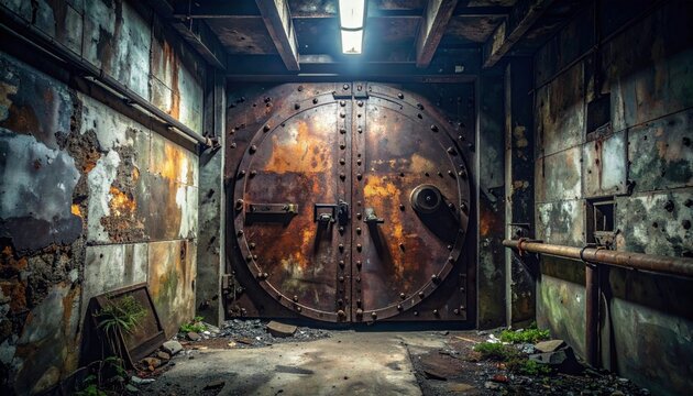 Abandoned Rusty Factory Interior with Antique Water Wheel, Weathered Wood, Metal Machinery and Vintage Industrial Grunge Texture