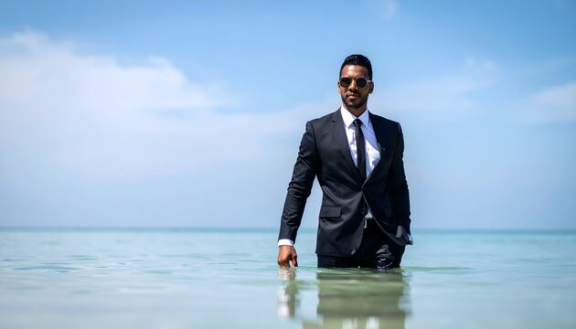 Hombre de negocios con traje caminando dentro del mar en una escena conceptual de reto profesional