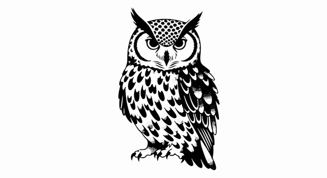 Majestic owl with intricate feather patterns and wise eyes, isolated on white.