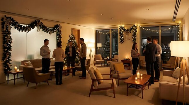 People celebrating holiday gathering indoors with festive decorations and warm lighting