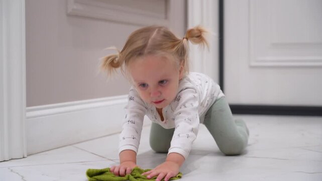 Toddler with blonde hair sitting on marble floor while playing with small piece of green fabric inside bright residential living space