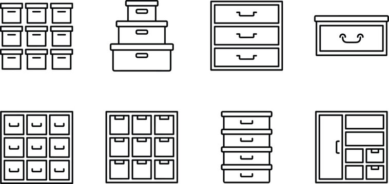 Office organizer and storage box line icon vector set featuring file drawers chest cabinet shelves and wardrobe closet illustrations.
