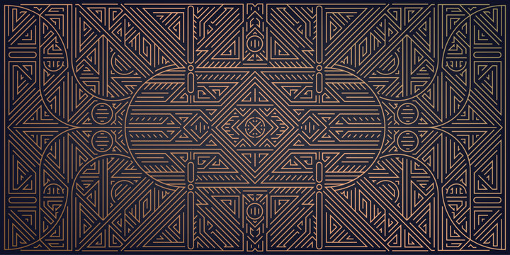 Vector art deco line pattern, gold geometric design, gatsby style ornament, nouveau premium background. Award card, invitation party ornament. Dark classic fancy motif.