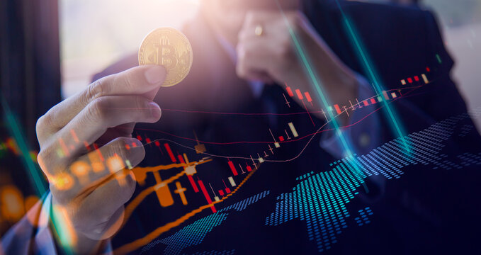 Modern way of exchange. Bitcoin is convenient payment in global economy market. Virtual digital currency and financial investment trade concept. Abstract cryptocurrency with gold bitcoin background.