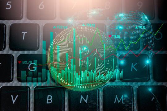 Modern way of exchange. Bitcoin is convenient payment in global economy market. Virtual digital currency and financial investment trade concept. Abstract cryptocurrency with gold bitcoin background.