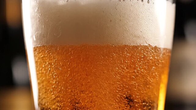 Close-up of golden beer pouring into a glass, creating foam and bubbles.