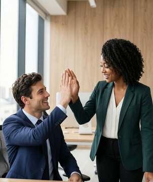 business people hi five in office