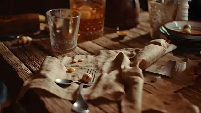 A video showcasing a cluttered wooden table with various items and food