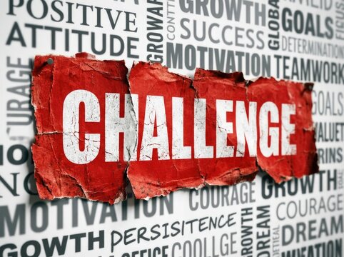Ripped red paper with 'CHALLENGE' text overlaying a word cloud of motivational terms, signifying overcoming obstacles and achieving success.